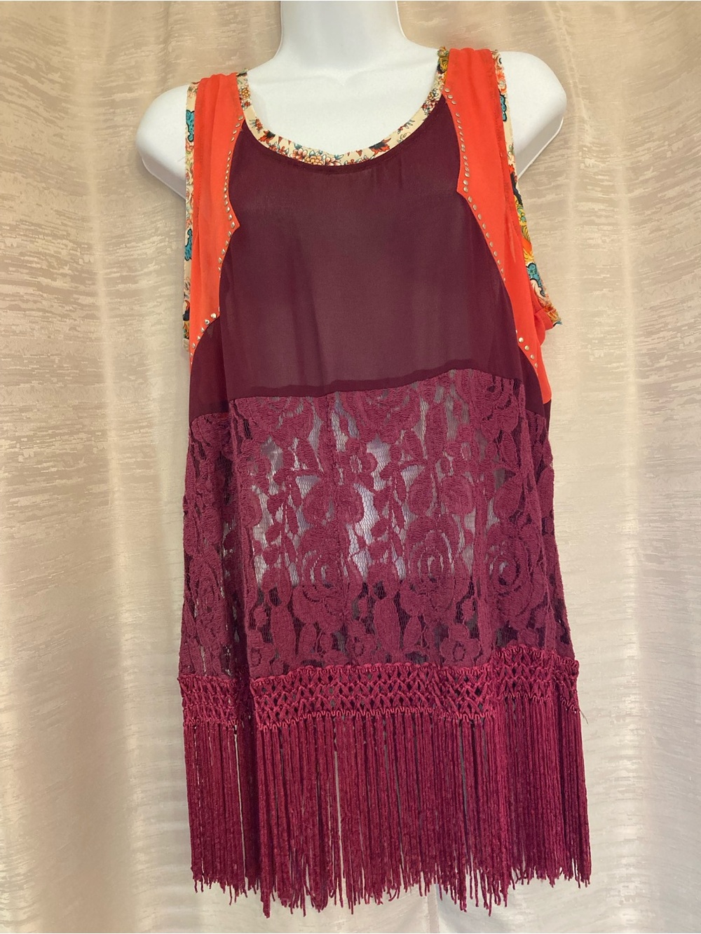 Gimmicks Burgundy Lace and s Fringe Sheer Top with Orange Shoulder Accents L